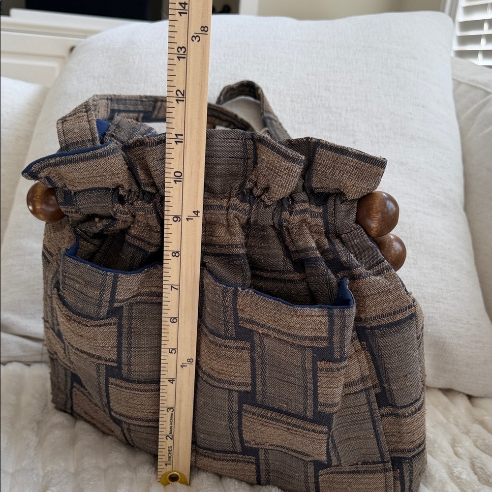 Vintage Boho Tapestry Handmade Artisanal Bucket Bag purse Wood Beads Cottagecore - Picture 9 of 11
